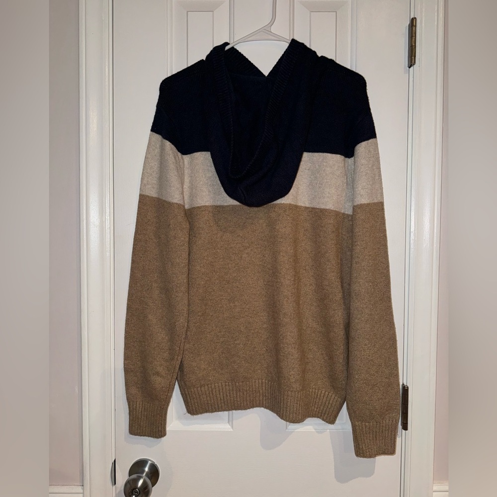 NEW Goodfellow Color-block Hoodie Sweater Blue, Cream & Tan  Dapper Brown   NWT - Picture 3 of 11